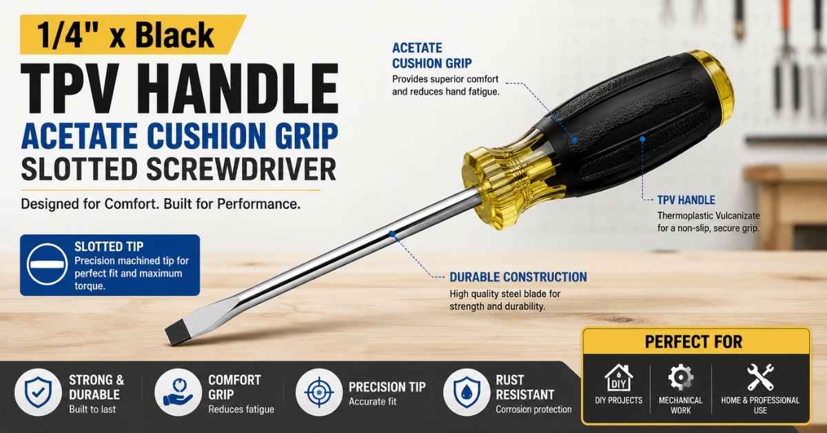 1/4 x Black TPV Handle Acetate Cushion Grip Slotted Screwdriver